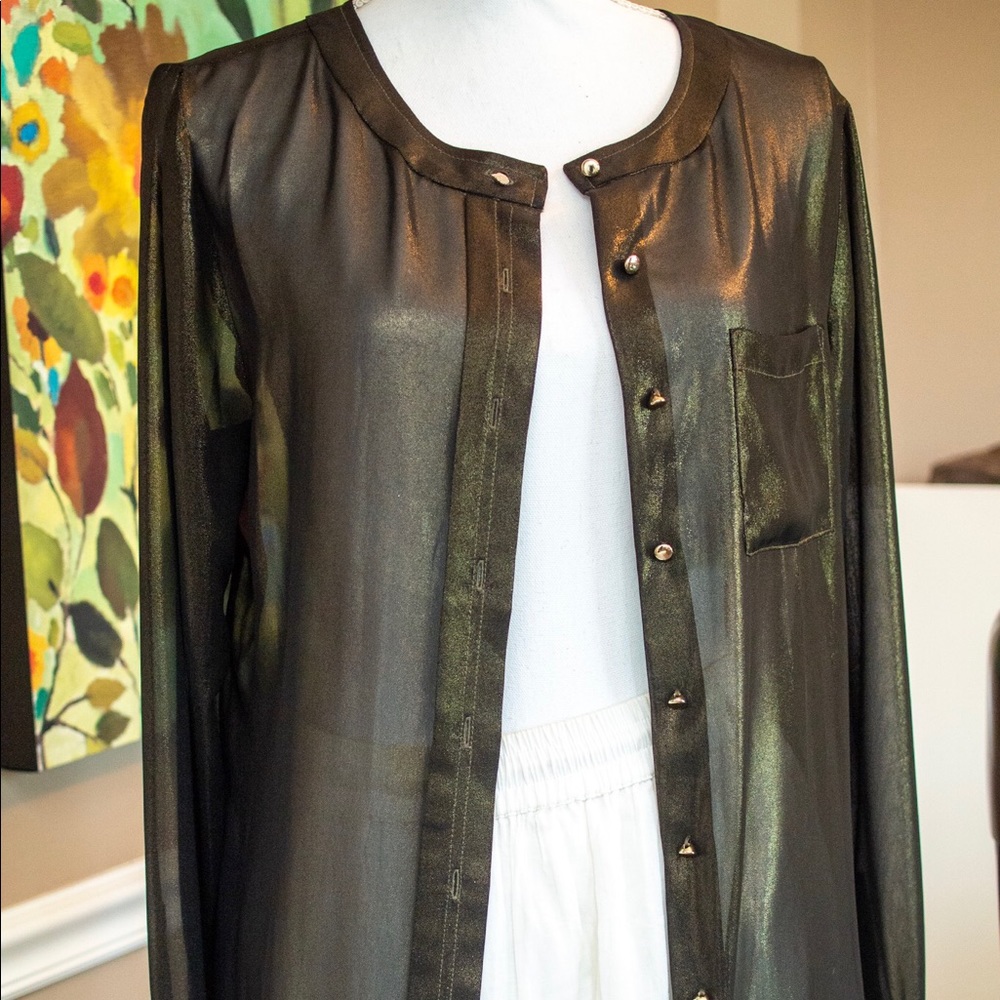 Ann Taylor Shimmer Gold Black Blouse Size 10